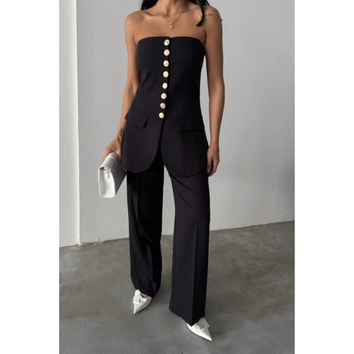 TASARIM GOLD DÜĞMELİ STRABLEZYELEK - Siyah