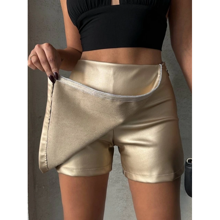 Taşlı şort etek deri gold h240018