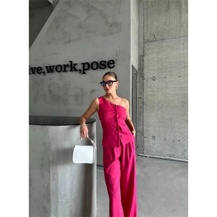 TEK KOL YELEK - PANTOLON TAKIM ATLAS - Fuşya