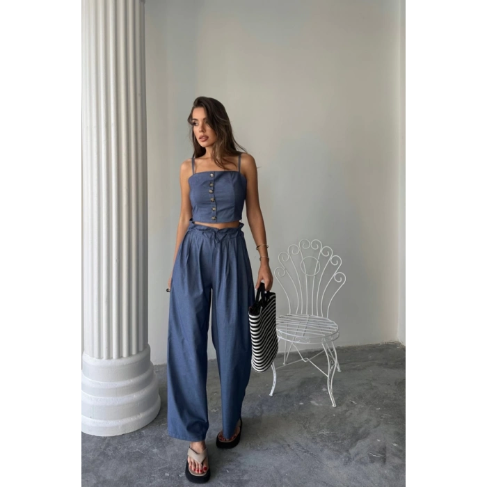 TENCEL CROP ASKILI BLUZ - ŞALVAR PANTOLON TK - İndigo
