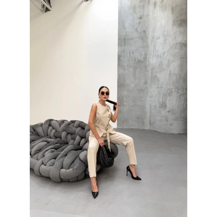 Ti̇na Asi̇metri̇k Keten Yelek Pantolon Takim