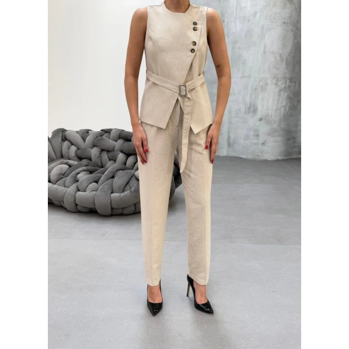 Ti̇na Asi̇metri̇k Keten Yelek Pantolon Takim