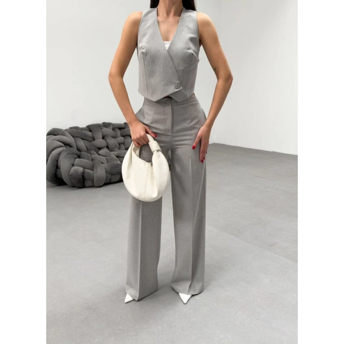 Toskana Çi̇zgi̇li̇ Kruvaze Yaka Tek Düğmeli̇ Yelek Pantolon Takim