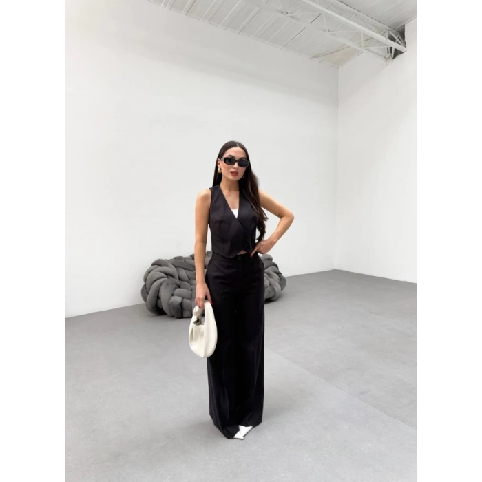 Toskana Keten Kruvaze Yaka Tek Düğmeli̇ Yelek Pantolon Takim