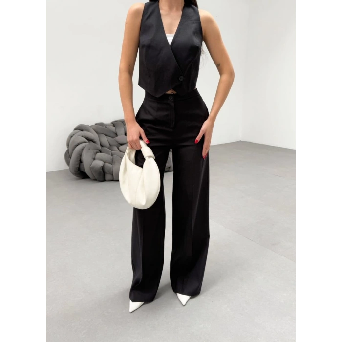 Toskana Keten Kruvaze Yaka Tek Düğmeli̇ Yelek Pantolon Takim