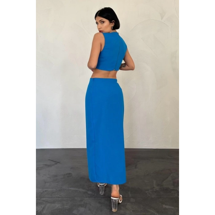 Turkuaz Kuşaklı Crop Ve Etek Takım