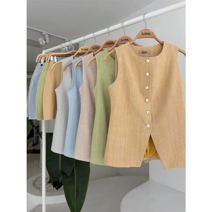 Uzun Yelek Mini Etek Flamlı Keten Takım 10148