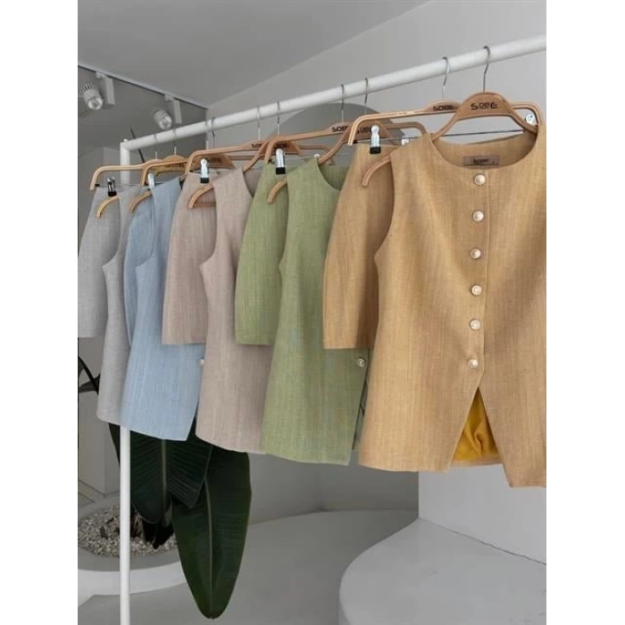 Uzun Yelek Mini Etek Flamlı Keten Takım 10148