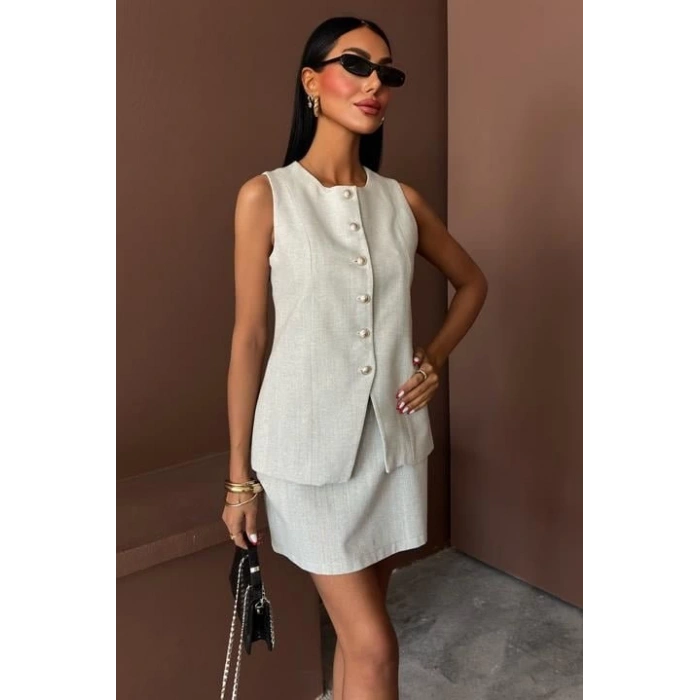 Uzun Yelek Mini Etek Flamlı Keten Takım 10148