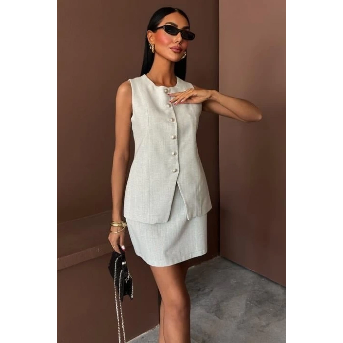 Uzun Yelek Mini Etek Flamlı Keten Takım 10148