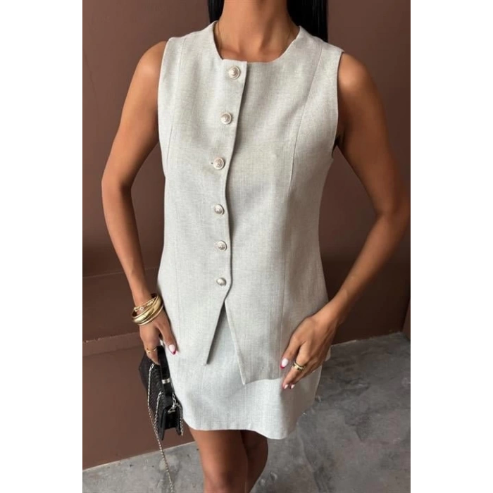 Uzun Yelek Mini Etek Flamlı Keten Takım 10148