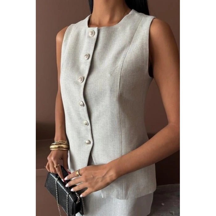 Uzun Yelek Mini Etek Flamlı Keten Takım 10148