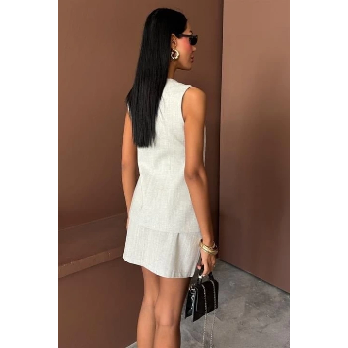 Uzun Yelek Mini Etek Flamlı Keten Takım 10148