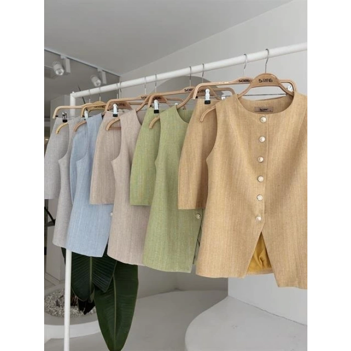 Uzun Yelek Mini Etek Flamlı Keten Takım 10148