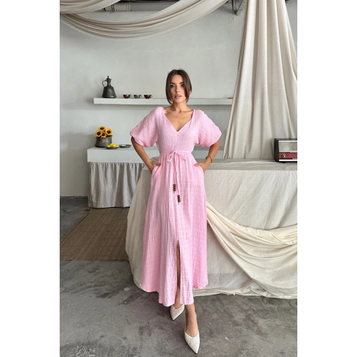 V YAKA BEL BONCUK BAĞLAMALI MÜSLİN ELBİSE YIRTMAÇ DETAYLI - Pembe
