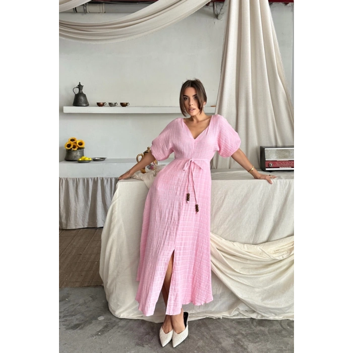 V YAKA BEL BONCUK BAĞLAMALI MÜSLİN ELBİSE YIRTMAÇ DETAYLI - Pembe