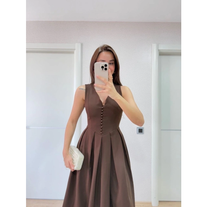 V Yaka Uzun Kolsuz Elbise- Kahverengi