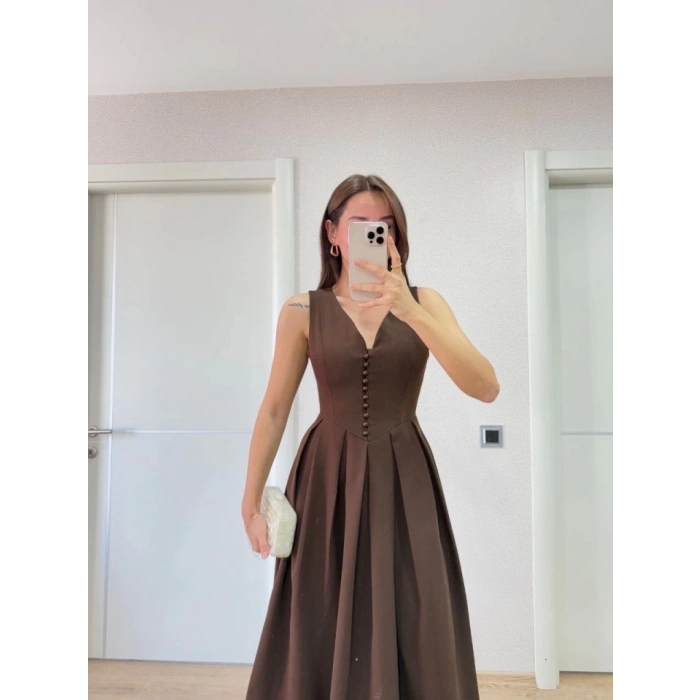 V Yaka Uzun Kolsuz Elbise- Kahverengi