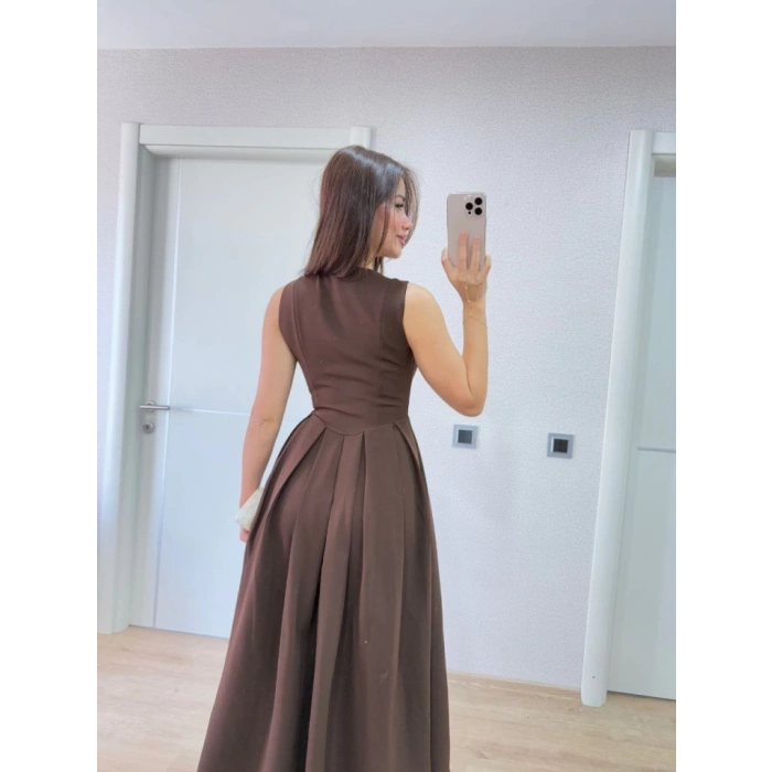 V Yaka Uzun Kolsuz Elbise- Kahverengi