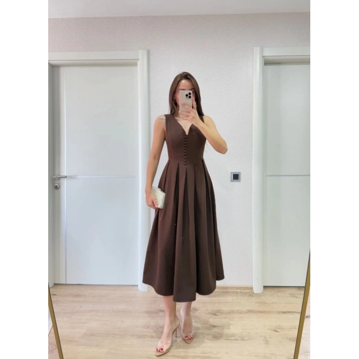 V Yaka Uzun Kolsuz Elbise- Kahverengi