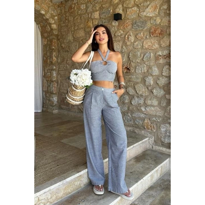 Vesna Keten Çizgili Crop Takım 9806-0025