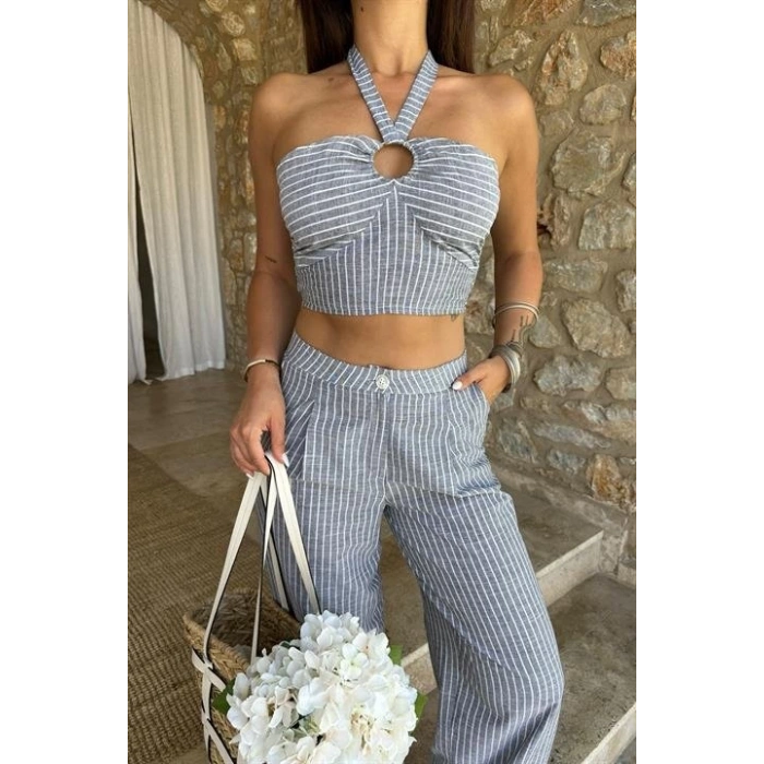 Vesna Keten Çizgili Crop Takım 9806-0025