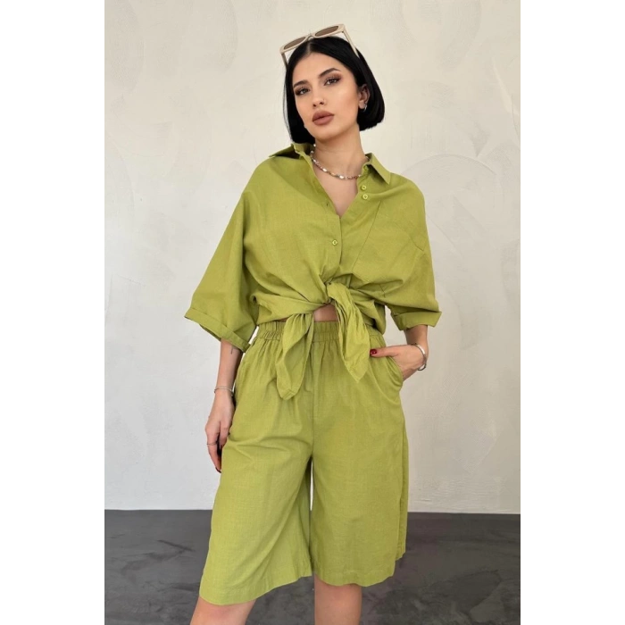 Yağ Yeşili Kısa Kollu Keten Gömlek Ve Şort Takım