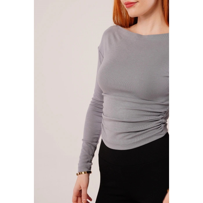 Yaka Detay Uzun Kollu Basic Gri Bluz