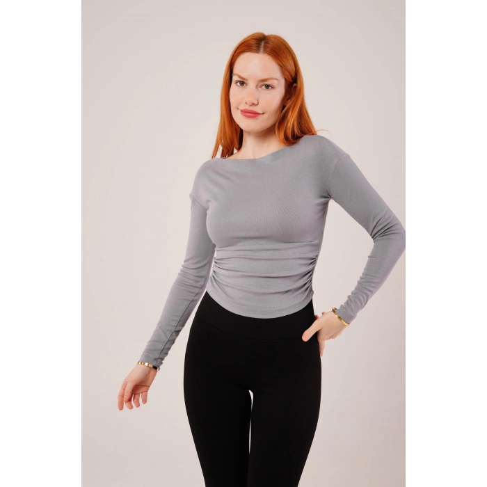 Yaka Detay Uzun Kollu Basic Gri Bluz