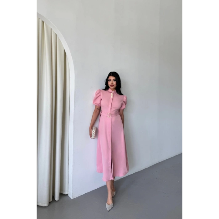YAKA DÜĞME DETAYLI ELBİSE- Pembe