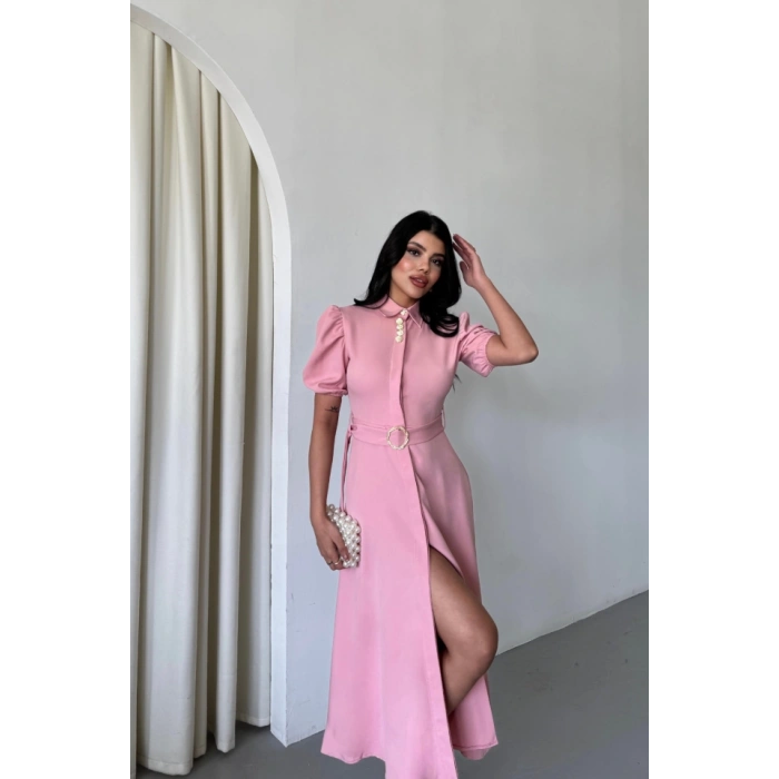 YAKA DÜĞME DETAYLI ELBİSE- Pembe
