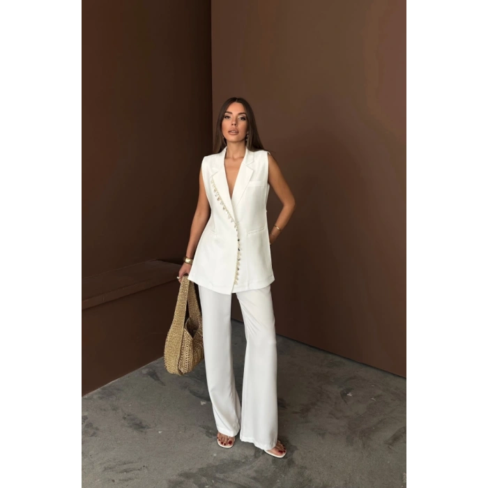 YAKA MİDYE KABUĞU SIRALI YELEK - PANTOLONTAKIM KETEN KUMAŞ - Beyaz