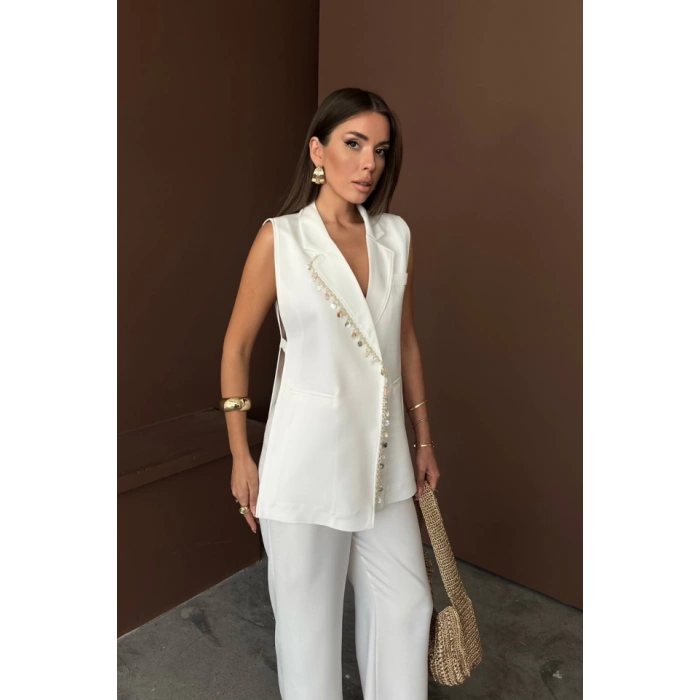 YAKA MİDYE KABUĞU SIRALI YELEK - PANTOLONTAKIM KETEN KUMAŞ - Beyaz