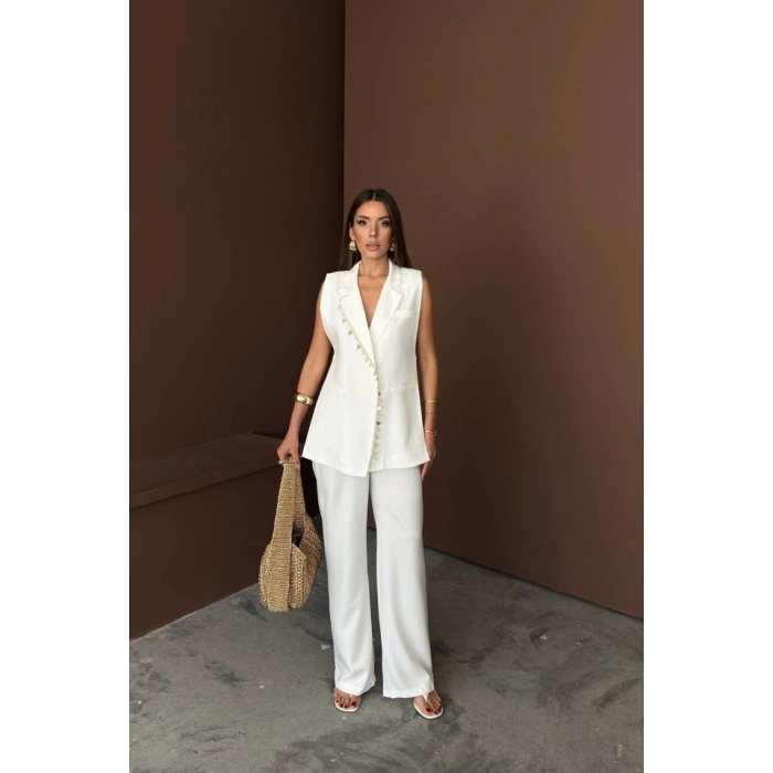 YAKA MİDYE KABUĞU SIRALI YELEK - PANTOLONTAKIM KETEN KUMAŞ - Beyaz