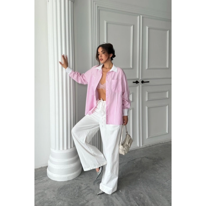 YAKA VE MANŞET BEYAZBOYFRİEND ÇİZGİLİPOPLİN GÖMLEK - Pembe