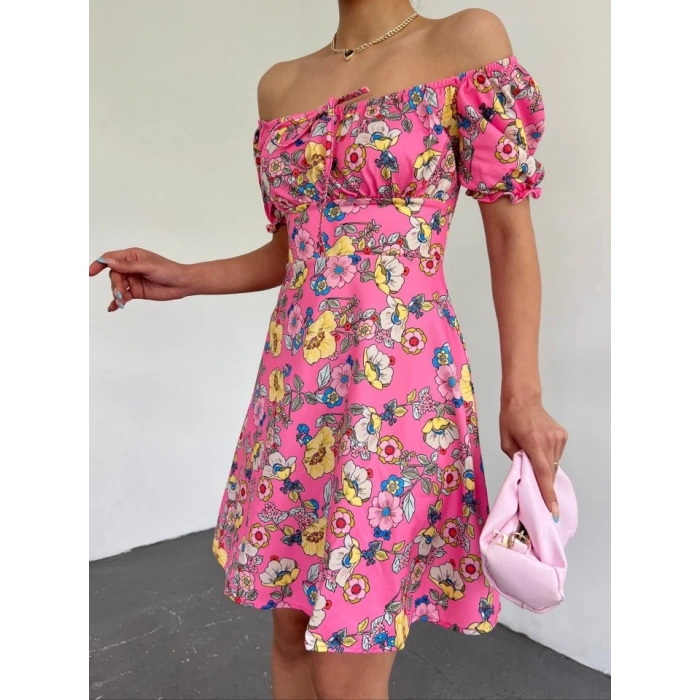 Yakası Lastikli Bağcık Detaylı Mini Elbise -Pembe