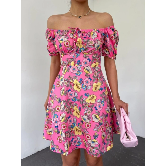 Yakası Lastikli Bağcık Detaylı Mini Elbise -Pembe