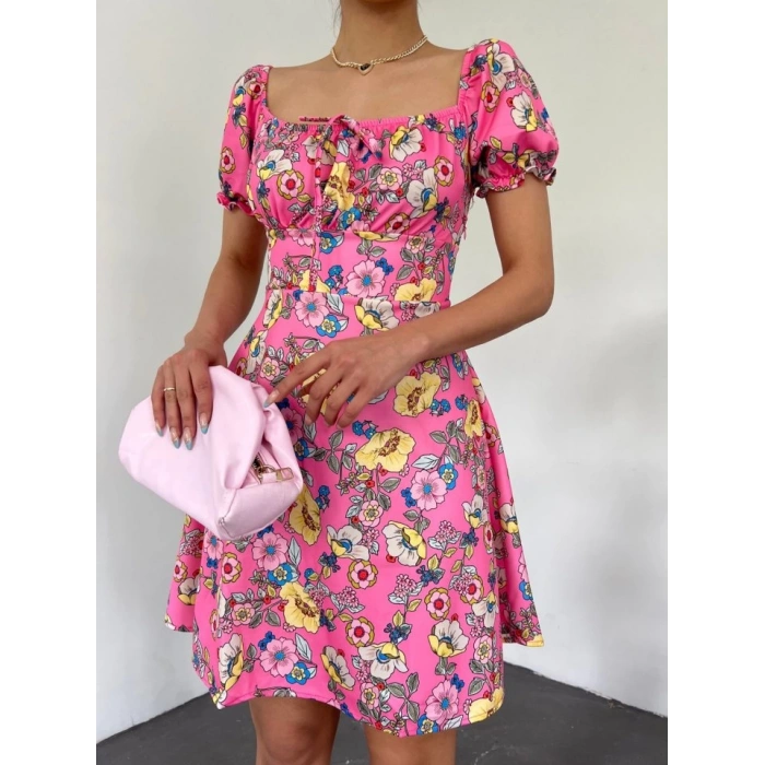 Yakası Lastikli Bağcık Detaylı Mini Elbise -Pembe