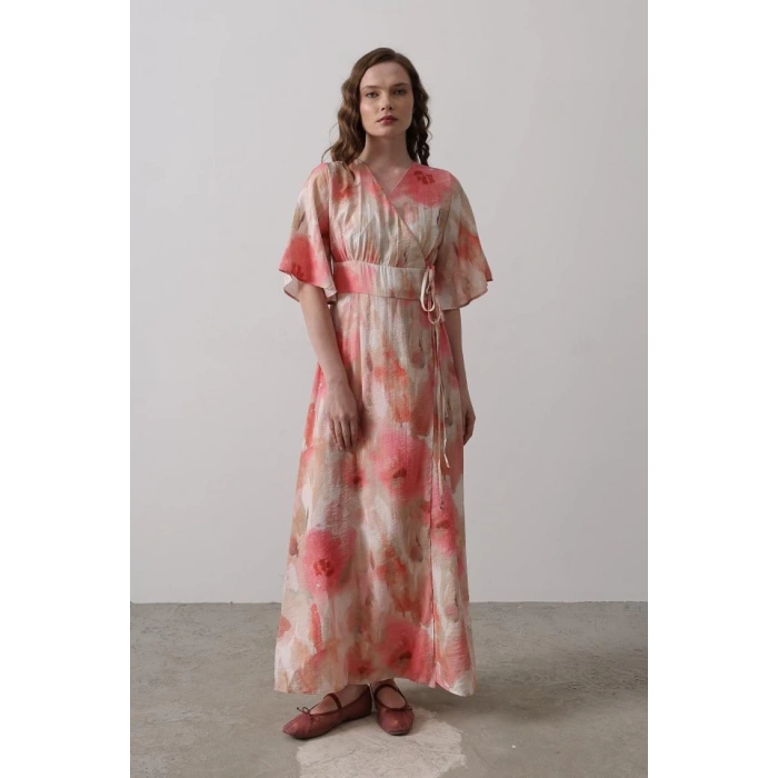 Yandan Bağlamalı Desenli Elbise - Pembe