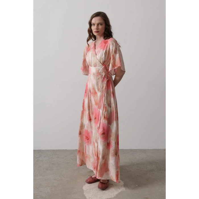 Yandan Bağlamalı Desenli Elbise - Pembe