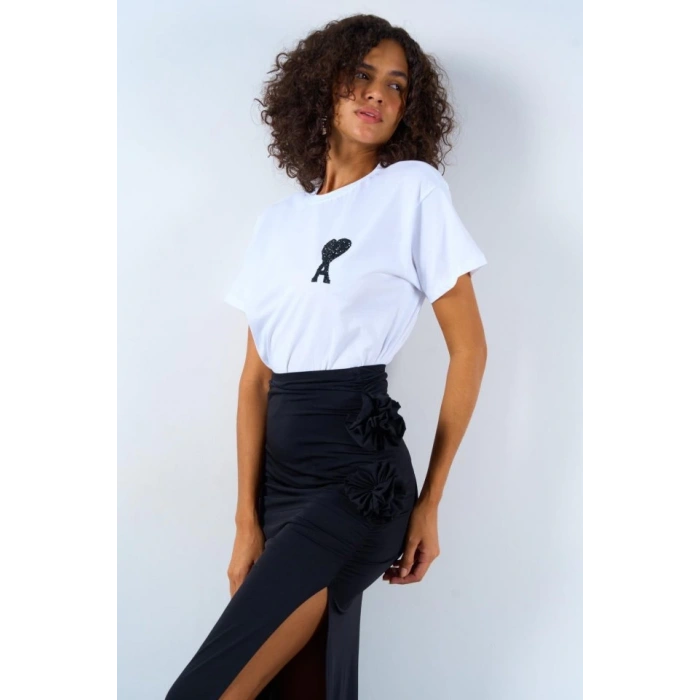 Yandan Büzgülü Güllü Etek - Siyah