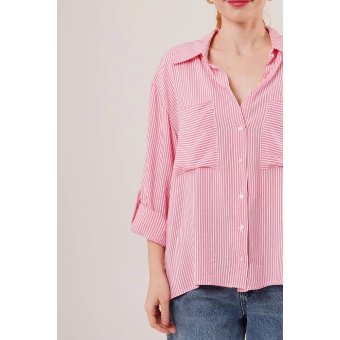 Yarasa Kol Çizgili Cep Detaylı Pembe Gömlek