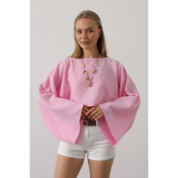 YARASA KOLLU CROP BLUZ - Pembe