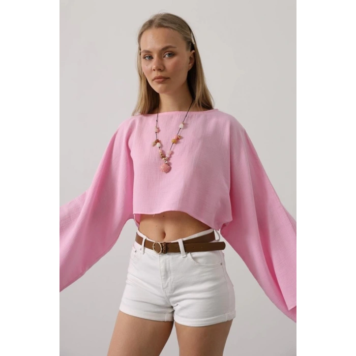 YARASA KOLLU CROP BLUZ - Pembe