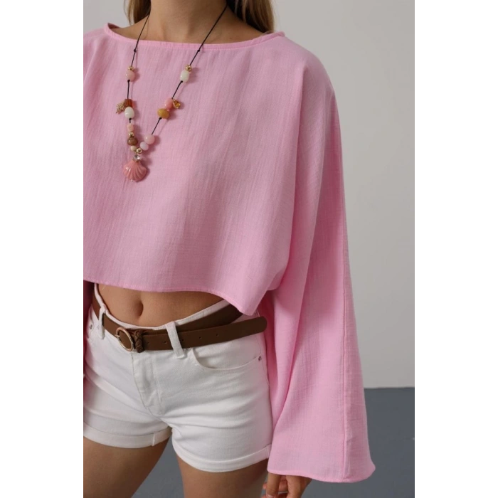 YARASA KOLLU CROP BLUZ - Pembe