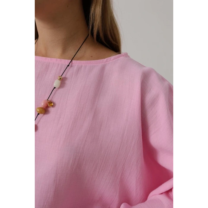 YARASA KOLLU CROP BLUZ - Pembe