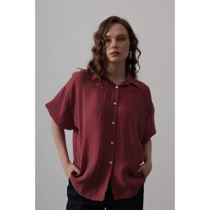 Yarım Balon Kol Çizgili Gömlek - Bordo
