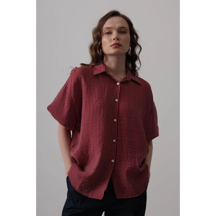 Yarım Balon Kol Çizgili Gömlek - Bordo