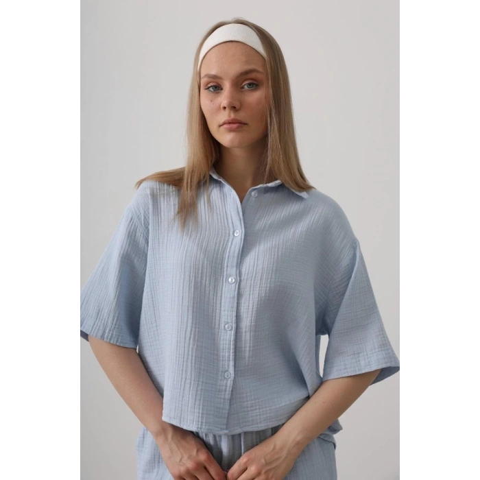 Yarım Kol Müslin Gömlek - Bebe Mavisi