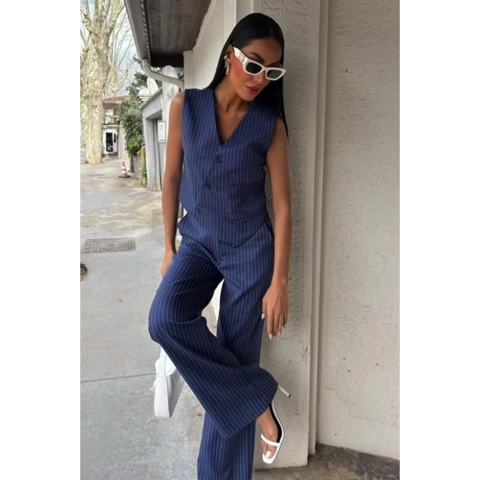 Yeleği Çapraz Detay Düğmeli Cepli Yelekli Takım 10150